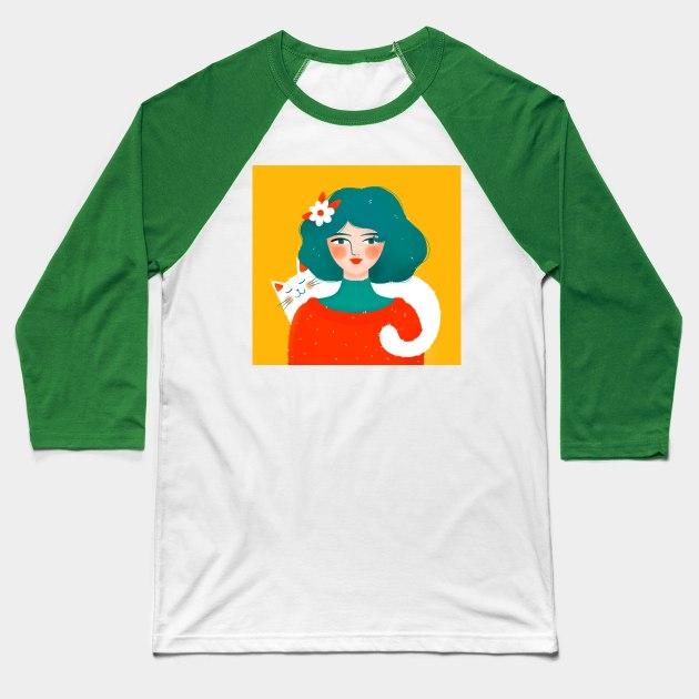 Cute girl with cute white cat, version 2 Baseball T-Shirt by iulistration